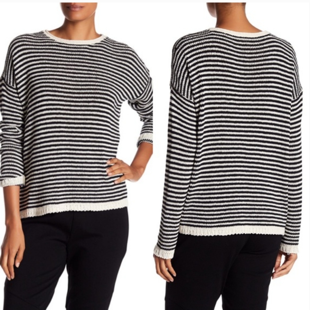 Eileen Fisher Cozy Striped Box Top, Soft White Black Small